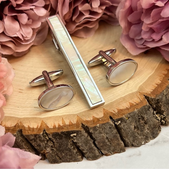 Elegant Mother of Pearl 3 Pcs Set Cufflinks & Tie Clip - Picture 4 of 17